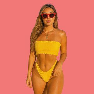 🌞 SHEIN Yellow Smocked Bandeau Bikini Set (Size M)